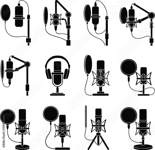 Studio microphones and recording equipment icons in black