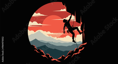 Silhouette of a rock climber ascending a steep cliff face.