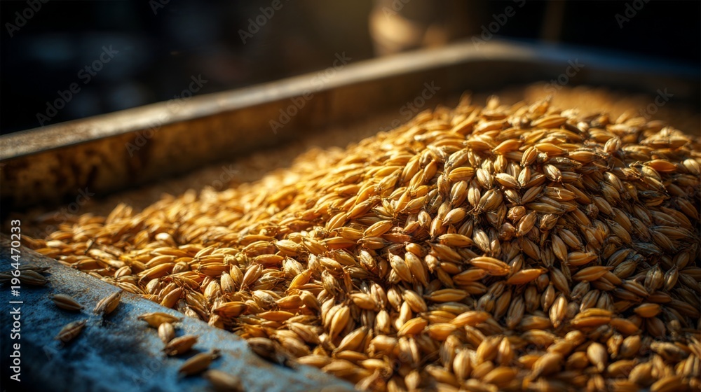 Obraz premium Close-Up of Grain Pile with Golden Oats in Sunlight on Wooden Surface for Agricultural and Food Stock Imagery