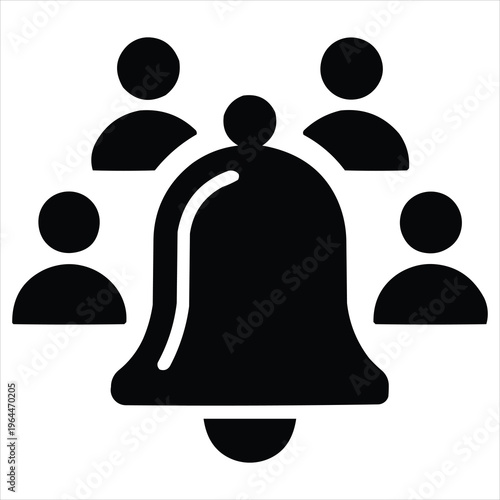 Public awareness bell icon with group of people silhouette ringing alert notification
