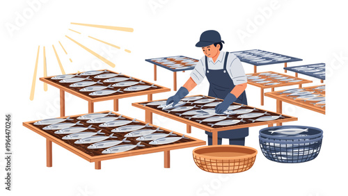 Fish Drying Process: A diligent worker meticulously arranges freshly caught fish on drying racks under the sun's warm embrace, showcasing the timeless tradition of preserving seafood.