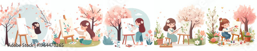 vector of a happy little girl painting outside in spring