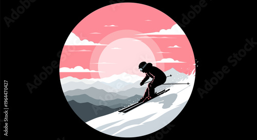 Silhouette of a skier descending a snowy mountain slope at sunset.