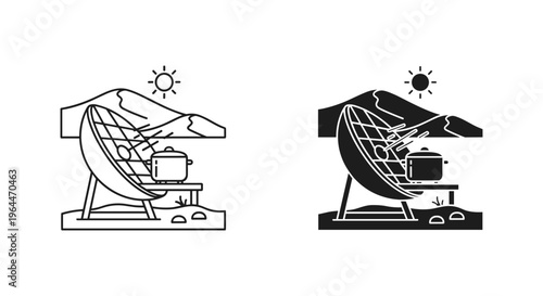 Solar cooker vector icons, parabolic solar oven with cooking pot, renewable energy sun stove for outdoor camping and sustainable living