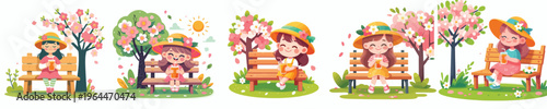 Vector of a little girl sitting on a park bench drinking iced orange juice in spring