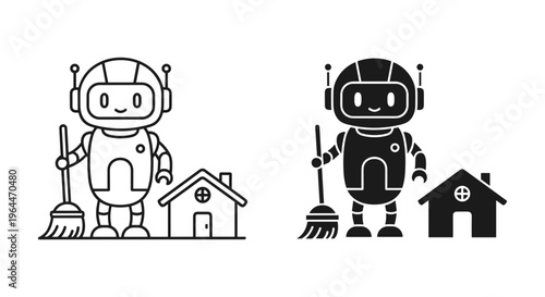 Cute cleaning robot vector icons, domestic housekeeping android with broom and house, smart home automation technology symbols in line and solid style
