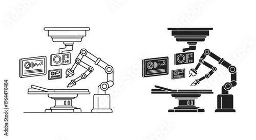 Robotic surgery system vector icons, automated medical arm operating on patient table, futuristic healthcare technology illustrations in line and silhouette