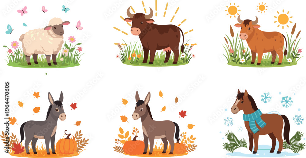 Obraz premium Cute Farm Animal Illustration Set Featuring Sheep, Cow, Donkey, and Horse in Seasonal Nature Scenes with Flowers, Autumn Leaves, and Rustic Countryside Style