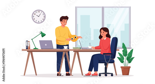 Vector illustration of a man playfully surprising a woman with a harmless office prank on April Fools' Day in a modern office setting with coworkers working at desks