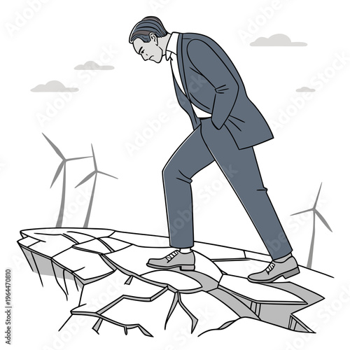 Businessman standing on cracked ground with wind turbines