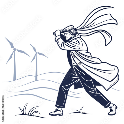 Man in coat looking through binoculars with wind turbines