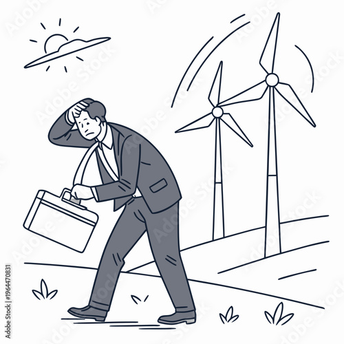 Businessman struggling in wind briefcase wind turbines