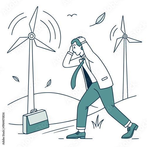 Businessman with briefcase in front of wind turbines