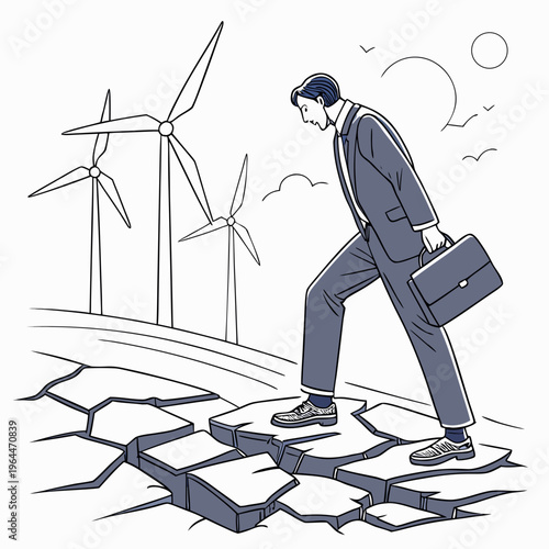 Businessman walking on cracked ground with wind turbines