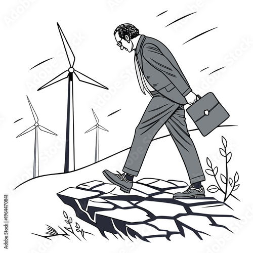 Businessman stepping on cracked ground with wind turbines