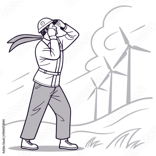 Man in hat looking at wind turbines gray black