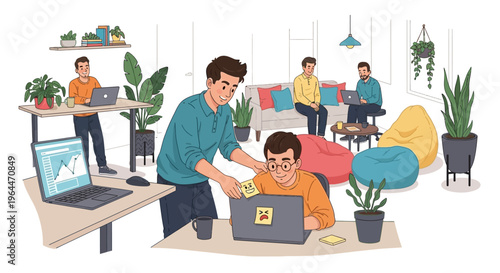 Vector illustration of coworkers playing a harmless prank on each other in a modern office on April Fools' Day with laptops and plants