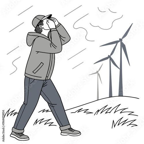 Man in casual clothes looking at wind turbines gray