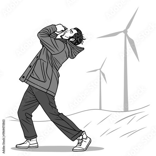 Man struggling in strong wind with wind turbines