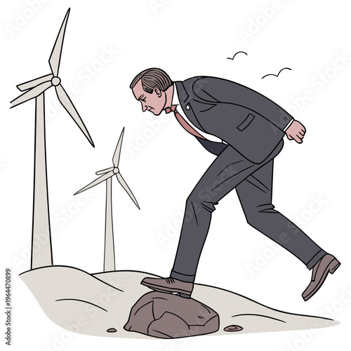 Businessman jumping over rock with wind turbines suit