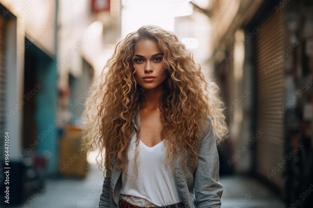 Obraz premium Woman posing in city alley displaying her long, curly hair with confidence