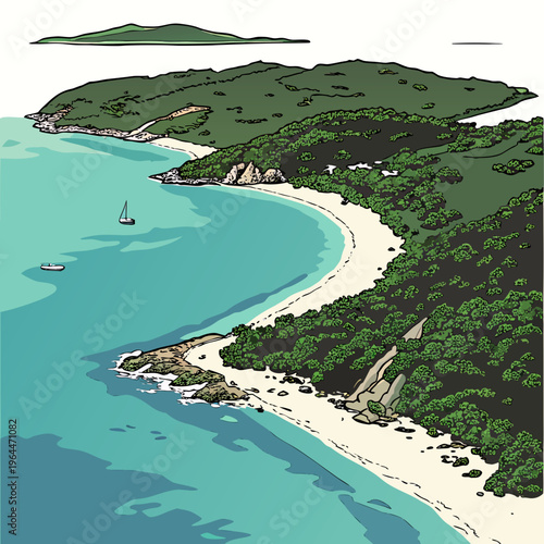 Aerial view of a beach with boats water scenery