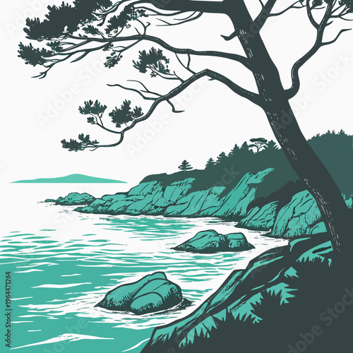 Tree by the ocean on a rocky shore water rocks