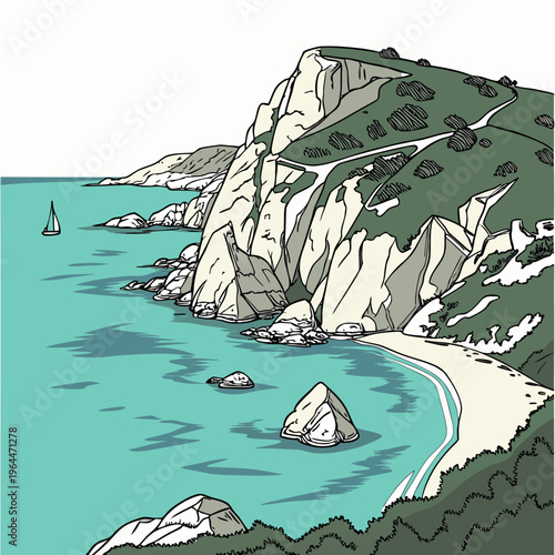 Cliffside beach with a sailboat water scenery