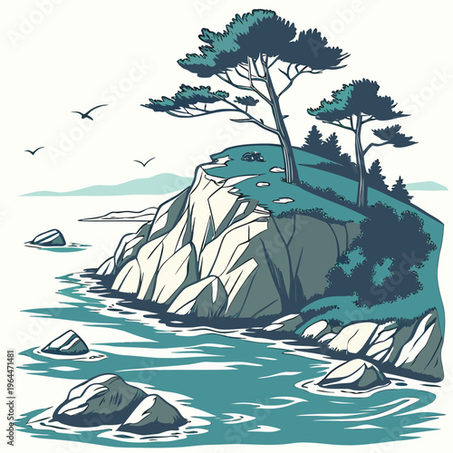 Colorful of a rocky coastline with trees birds