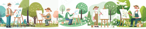 vector of a happy grandpa painting outside in spring