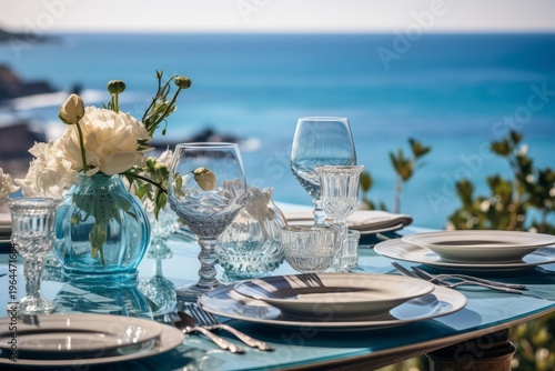 Elegant table setting for a special dinner, offering a beautiful sea view from a coastal restaurant
