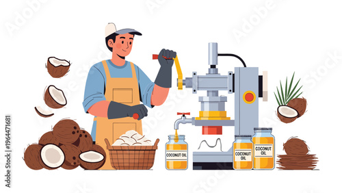 Coconut Oil Extraction: A detailed illustration captures the process of coconut oil extraction, with a worker operating machinery to produce the natural oil. The scene highlights the production.