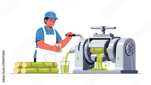 Sugarcane Juice Production: A worker carefully operates industrial machinery, extracting fresh juice from sugarcane stalks in a factory setting.