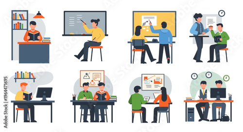 Students learning and studying in various educational settings.