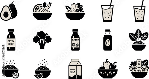 Food and Beverage Icon Set Featuring Fruits Vegetables Milk Juice Smoothies and Organic Nutrition Symbols for Diet Wellness and Lifestyle Designs