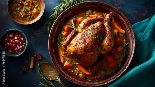 Succulent Whole Roasted Chicken with Carrots and Herbs in a Beautifully Styled Dish on Dark Background