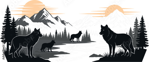 Wolf silhouettes in mountain forest landscape with sunset sky pine trees and wild wolves nature vector illustration