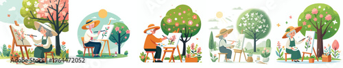 vector of a happy grandma painting outside in spring