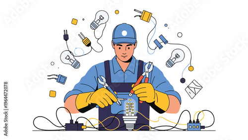 Electrical Technician Illustration: A skilled electrical technician, surrounded by tools and components, meticulously works on a light bulb, embodying expertise in the field.