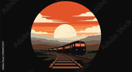 Train journeying through a scenic landscape at sunset.