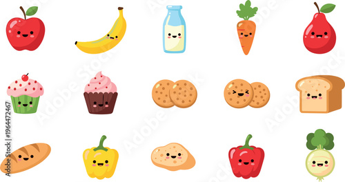 Cute Food Characters Collection Featuring Fruits, Vegetables, Bread, Cookies, Milk, and Desserts with Funny Faces in Cartoon Illustration Style