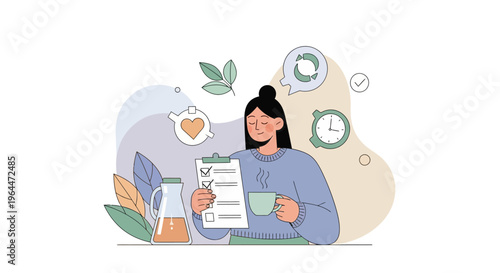 Woman checking a healthy lifestyle checklist with a cup of tea.
