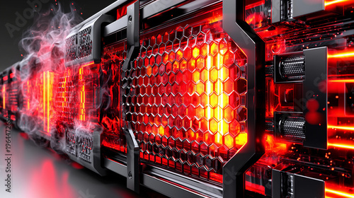 Gros plan rack serveurs high-tech, incandescence rouge visible par les évents. Volutes de fumée s'élevant, surchauffe extrême