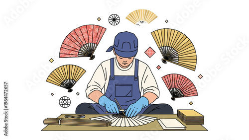 Fan Artisan's meticulous craftsmanship: An artisan, immersed in crafting folding fans, with each delicate piece showcasing tradition and expertise.