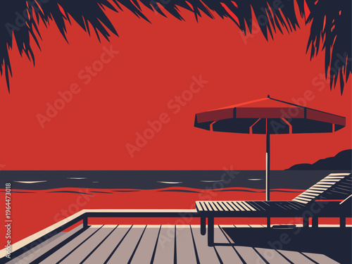 Beach Relax Sunbed and Umbrella Vector Illustration
