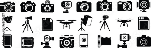 Photography equipment and digital camera icon set with studio silhouette isolated on white background