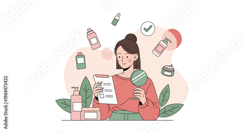 Woman checking cosmetic product ingredients for healthy skincare routine.