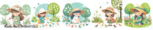 vector of a little girl feeding wild birds during spring