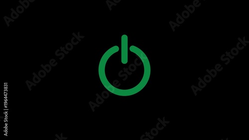 A simple green power button symbol centered on a solid black background representing the concept of starting or stopping electronic devices and systems