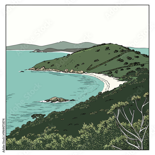 Green and white of a coastline green hills white sand